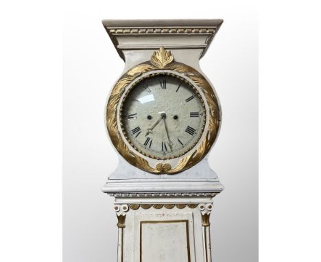 A 19th century painted and gilt Scandinavian drum head longcase clock with pendulum, no weights, height 200 cm