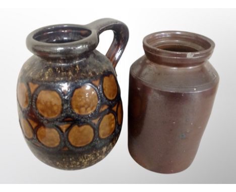 A West German glazed ceramic jug, height 30 cm, and a further salt glazed pot 