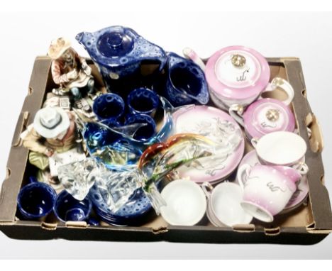 A box of Japanese export tea china, Cornish ceramic coffee set, Italian figures, two Italian glass ornaments 