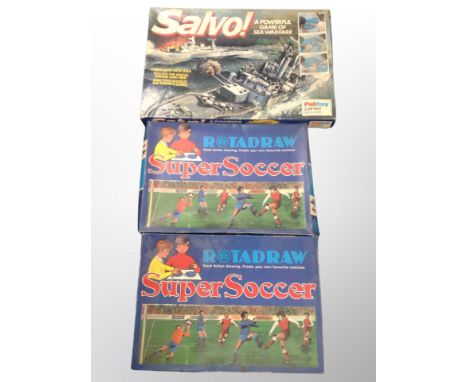 A Salvo battleship board game by Pallitoy Parker and two further Rotadraw Soccer Sets in boxes 