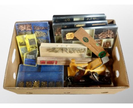 A box of tools, Danish teak spirit level, wood working planes, boxes of screws and drill bits etc 