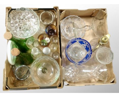 Two boxes of Scandinavian glass ware, two-tone crystal fruit bowl, drinking vessels, vases, decanter with stopper etc 