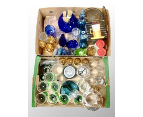 Two boxes of Scandinavian glass ware, drinking vessels, decanter, vases etc 