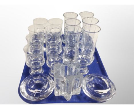 A group of Scandinavian glass ware, Swedish Lindshammar tea light holder, further pair of tea light holders and various glass