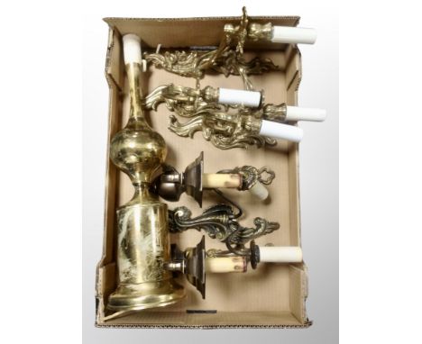 A box of Danish brass lamp base, wall sconces (wired) 