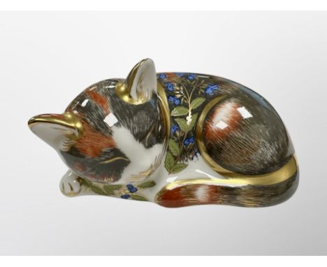 A Royal Crown Derby Catnip Kitten paperweight with gold stopper, exclusive for the Royal Crown Derby Collector's Guild