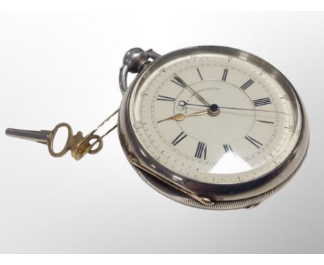 A silver open face marine chronograph with enamelled dial, the key wound lever movement numbered 59822, the outer case with s