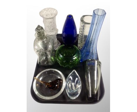 A group of Scandinavian glass ware, decanter with stopper, tall blue glass vase, bird ornament, dishes etc 