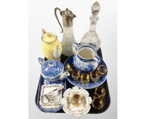 A group of blue and white ceramics including Wedgwood Landscape pattern jug, Spode Italian teapot, silver plate-mounted clare