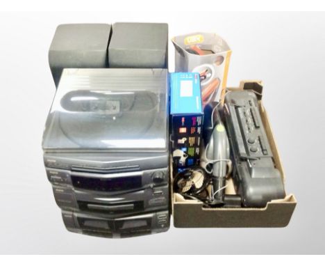 A Sanyo hifi system with speakers, and a box of G-tech vac, Vax hand held vac, radio, HD tv recorder in box etc 