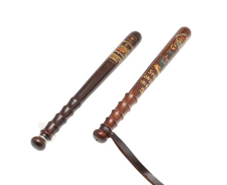 TWO SIMILAR GREAT WAR COMMEMORATIVE TRUNCHEONS FROM MANCHESTER AND EDINBURGH,. Two wooden truncheons with printed decoration,