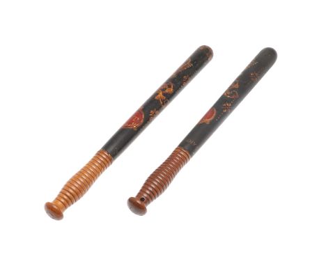 TWO SIMILAR POLICE TRUNCHEONS FROM THE COUNTY OF KENT BY PARKER FIELD. A painted wooden truncheon with crown above VR AND 'Ke