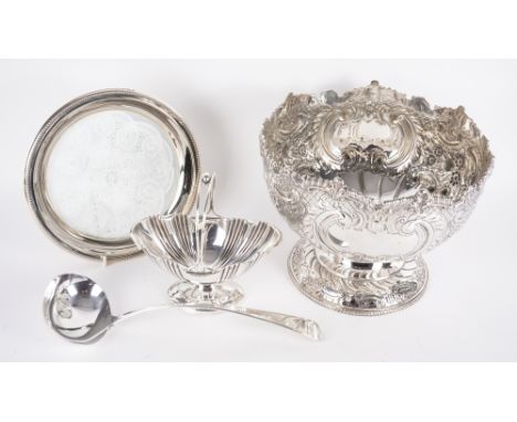 A SILVER BASKET AND THREE PLATED ITEMS (4)The oval basket with partly fluted decoration, raised on an oval foot, Sheffield 18