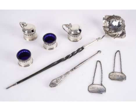 A SILVER TODDY LADLE AND SEVEN FURTHER ITEMS (8)The toddy ladle having a shaped oval bowl and with a twisted whalebone handle