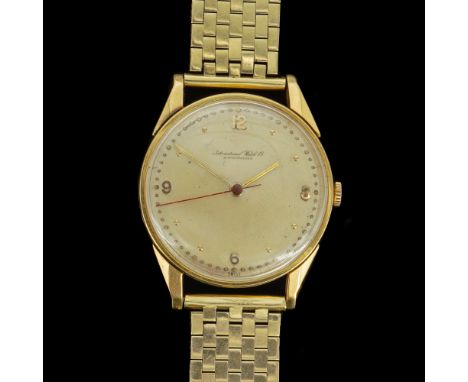 A GOLD CASED GENTLEMANS IWC SCHAFFHAUSEN MANUAL WIND WRISTWATCHCirca 1950s, the signed gilt dial with Arabic numerals and hou