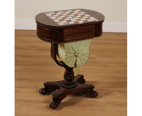 A REGENCY ROSEWOOD WORK TABLE WITH LATER SPECIMEN MARBLE CHESSBOARD TOP56cm wide; 47cm deep; 74cm high