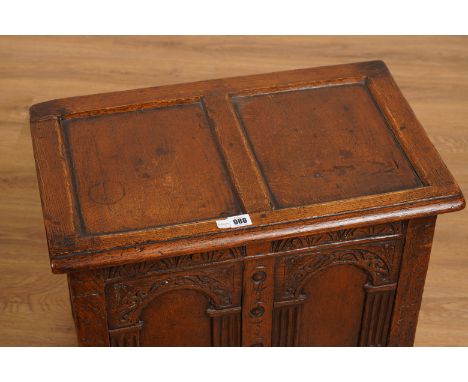 A SMALL 17TH CENTURY OAK DOUBLE PANEL COFFER61cm wide; 38cm deep; 49cm highProvenance: The Property of a Noblewoman&nbsp;Some