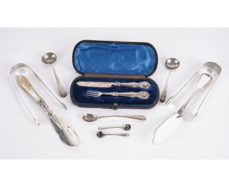 A GROUP OF SILVER FLATWARE (QTY)Comprising; two pairs of sugar tongs, a fiddle and thread pattern butter knife, London 1840, 