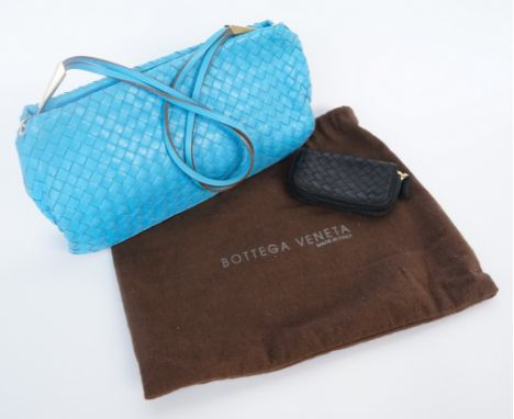 BOTTEGA VENETA: A BLUE LEATHER WOVEN HANDBAG AND BLACK PURSE (2)With gold hardware, zip up main pocket and magnetic close out