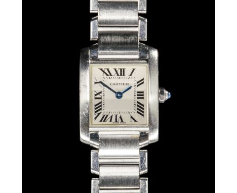 A LADY'S STEEL CARTIER TANK FRANCAISE BRACELET WRISTWATCHThe signed square silvered dial with black Roman numerals and blued 