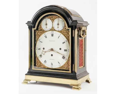 A FINE GEORGE III BRASS-MOUNTED TRIPLE-PAD TOP EBONISED THREE-TRAIN QUARTER CHIMING AND STRIKING VERGE BRACKET CLOCK WITH PUL