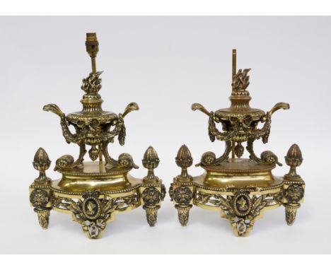 A PAIR OF FRENCH LOUIS XVI STYLE BRASS CHENET ADAPTED INTO TABLE LAMPS (2)Later 19th Century Each mounted with twin-handle ur