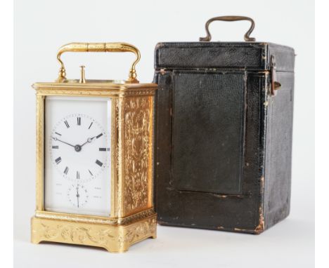 A RARE AND UNUSUAL FRENCH ENGRAVED GILT-BRASS BELL STRIKING CARRIAGE CLOCK WITH PUSH REPEAT ON A GONG AND ALARMBy Charles Oud