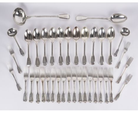 A GROUP OF SILVER DOUBLE STRUCK FIDDLE AND THREAD PATTERN TABLE FLATWARE (37)Comprising; a soup ladle, a stuffing spoon, two 