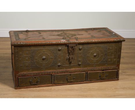 A 19TH CENTURY BRASS STUDDED AND VENEERED TEAK ZANZIBAR TRUNK117cm wide; 51cm deep; 50cm high