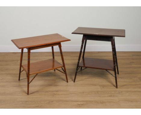 TWO LATE 19TH CENTURY MAHOGANY TIERED OCCASIONAL TABLES (2)On ring turned supports in the manner of E.W Godwin, the larger 69