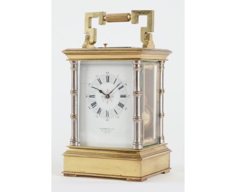 A FRENCH BRASS AND SILVERED CARRIAGE CLOCK WITH PUSH REPEATRetailed by J. J. Durrant & Son, 40 Cheapside, London, By C. A. Ri