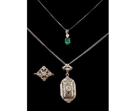 AN EMERALD AND DIAMOND PENDANT AND OTHERS (5)The first pendant claw set with an oval cut emerald and with a cushion shaped di