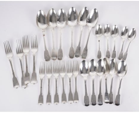 A GROUP OF FIDDLE PATTERN SILVER FLATWARE (27Comprising; six tablespoons, London 1816, two table forks, London 1816, two tabl