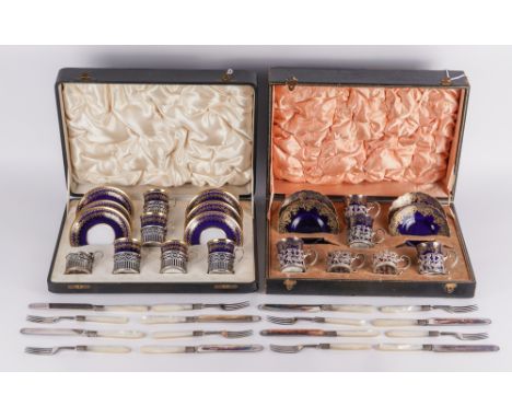 TWO SILVER AND CERAMIC PART CABARET SETS AND FURTHER FLATWARE (QTY)Comprising; a Copelands Spode blue and gilt part set compr