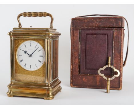 A RARE FRENCH BRASS ‘GIANT’-SIZE GORGE CASED CARRIAGE CLOCK WITH PUSH REPEAT, AND WITH ORIGINAL OVER-SIZE KEY AND CASEBy Droc