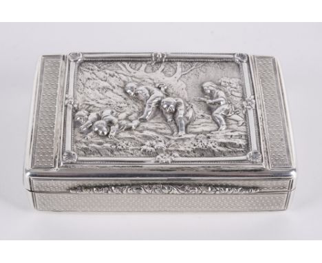 A VICTORIAN SILVER RECTANGULAR SNUFF BOXThe hinged lid decorated with a group of children playing in a landscape, with a flor