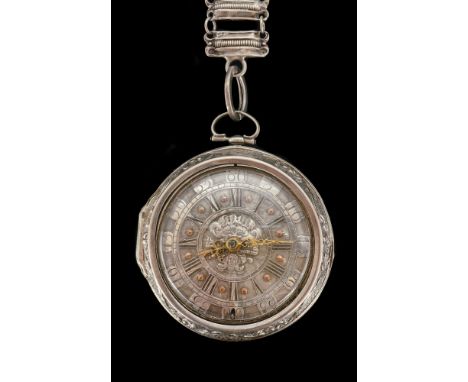 A SILVER REPOUSSÉ PAIR CASED KEY WIND OPENFACED POCKET WATCHThe gilt fusee movement with a verge escapement, tapered pillars,