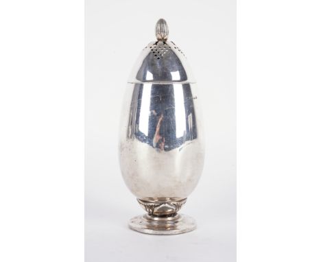 A GEORG JENSEN SILVER SUGAR CASTEROf egg shaped form, raised on a circular foot, the finial to the detachable lid formed as a