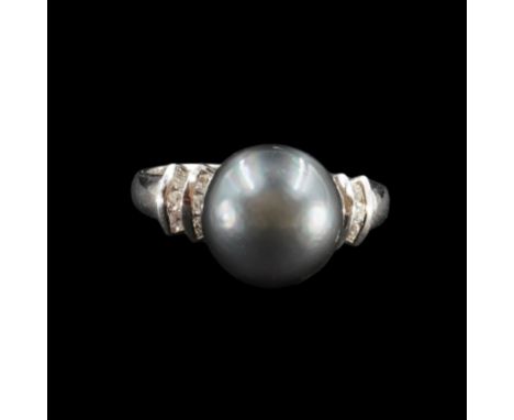 A PAIR PEARL AND DIAMOND EARRINGS AND A MATCHING RINGEach earclip mounted with a single grey tinted cultured pearl and with t