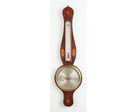 A GEORGE III MAHOGANY SHELL-INLAID AND CHEQUER-STRUNG WHEEL BAROMETERBy Gatty, 52 Newington Causeway8 1/2in circular silvered