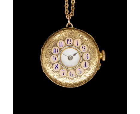 A GOLD HALF HUNTING CASED PENDANT WATCH WITH A GOLD NECKCHAIN (2)With an unsigned jewelled movement, the gold inner and outer