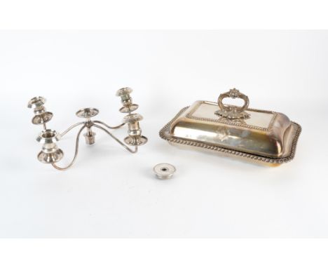 A SILVER CANDELABRA FITTING AND THREE FURTHER ITEMS (4)The four light candelabra fitting lacking a central section, a George 