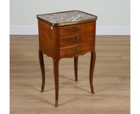 A 19TH CENTURY FRENCH BRASS BOUND MARBLE MOUNTED THREE DRAWER PETITE COMMODE44cm wide; 34cm deep; 73cm high