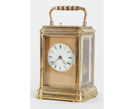 A FRENCH ENGRAVED GORGE CASED CARRIAGE CLOCK WITH PUSH REPEATCirca 1880With large glass bevelled panel to the top, silvered p