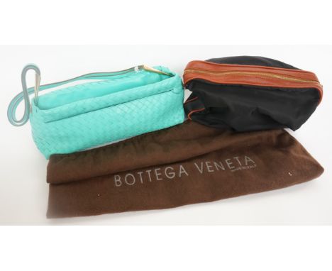BOTTEGA VENETA: A GREEN LEATHER WOVEN HANDBAG AND A CANVAS POUCH (2)With gold hardware, zip up main pocket and magnetic close