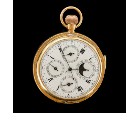 A GOLD CASED KEYLESS WIND FULL HUNTER CALENDAR POCKET WATCHThe white enamelled dial with four subsidiary dials for day, date,