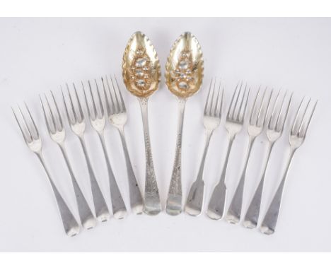 A GROUP OF SILVER TABLE FLATWARE (12)Comprising; a pair of berry fruit serving spoons, London 1808, seven bottom marked tripl