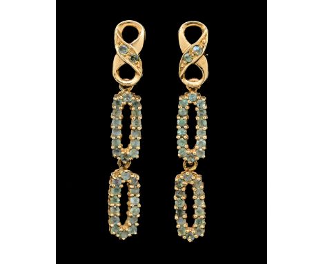 A PAIR OF ALEXANDRITE PENDANT EARRINGSEach of twin oval panel drop form, claw set with circular cut alexandrites, the tops wi