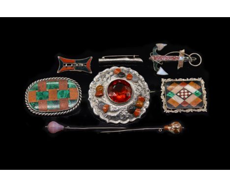 A GROUP OF EIGHT ITEMS OF MOSTLY SCOTTISH STYLE JEWELLERY (8)Comprising; a silver varicoloured agate and orange paste set sha