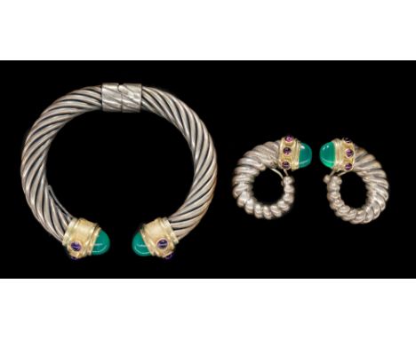 A DAVID YURMAN BANGLE AND EARRING SET (2)Each with twist form decoration, the collars set with cabochon amethysts, cabochon g